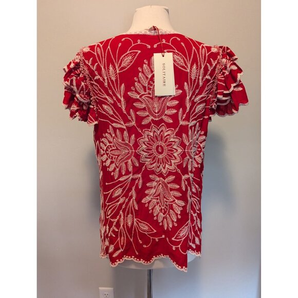 Solitaire Cottagecore Medium Boho Blouse Embroidered Ruffle Sleeve - Picture 2 of 5